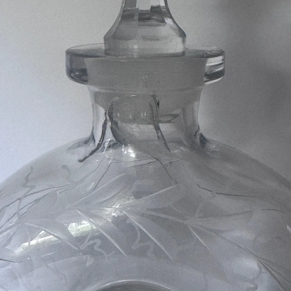 Vintage Etched Glass Donut Decanter Grape Vine Motif Faceted Stopper Clear